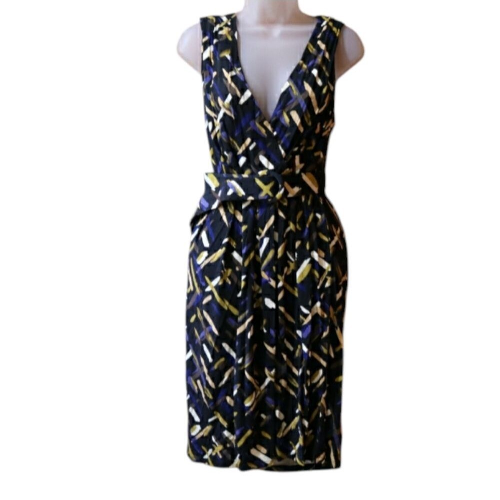 Kenneth Cole Reaction Blue Abstract Print Y2K Belted Career Dress LG